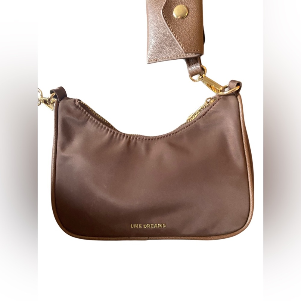 Like Dreams Brown Nylon Shoulder Bag with Crossbody Strap and Coin Purse